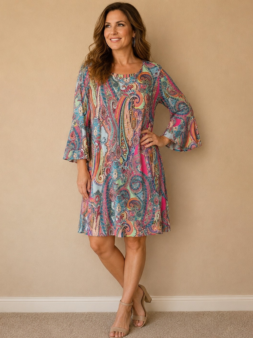 NWT Tommy Hilfiger Multicolor Paisley Bell-Sleeve Mini Dress